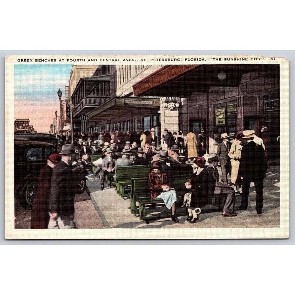 Vintage Postcard St Petersburg FL Green benches Fourth & Central Aves Linen 8294